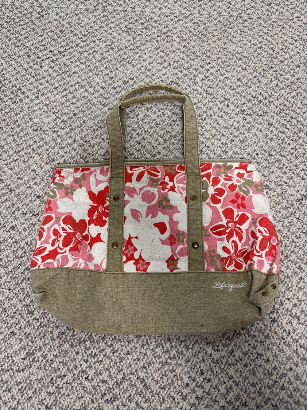 Life is Good Canvas Floral Tote Bag in Red and Pink